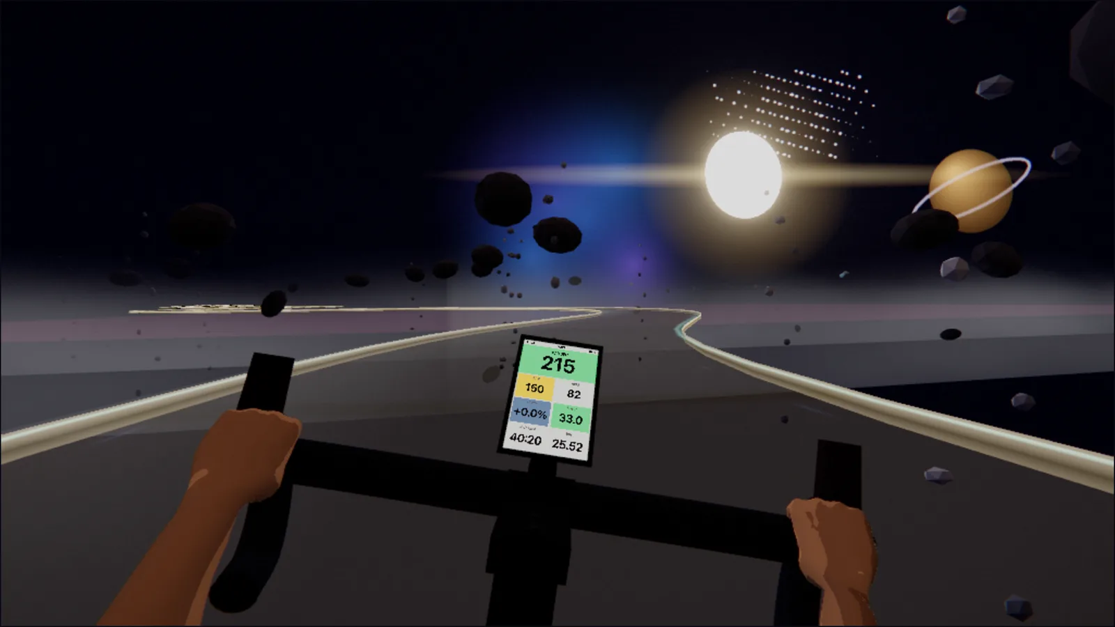 Road in deep space: a blazing sun above the crest, a golden ringed planet to the right, asteroids drifting across the carriageway.
