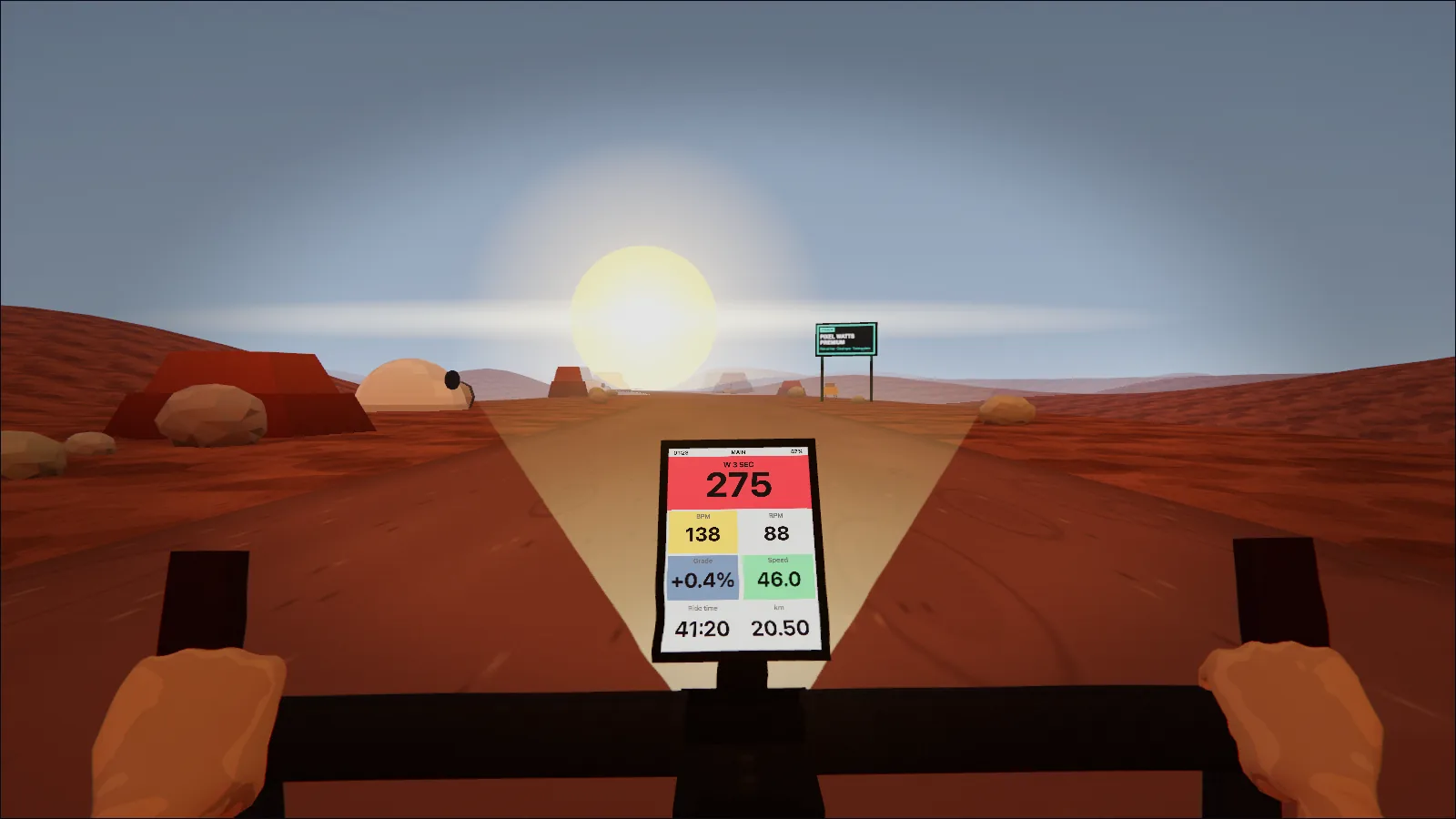 Road across Mars: rust-red dust and rocks under a cool blue-grey sunset — on Mars the sunset really is blue.