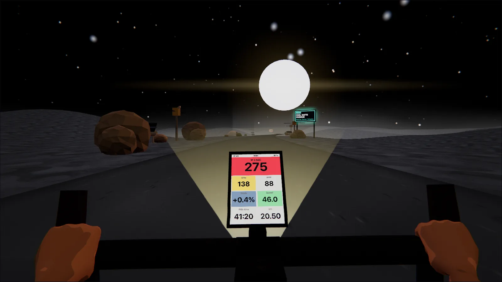 Road across the lunar surface: grey dust and boulders under a pitch-black sky full of stars.