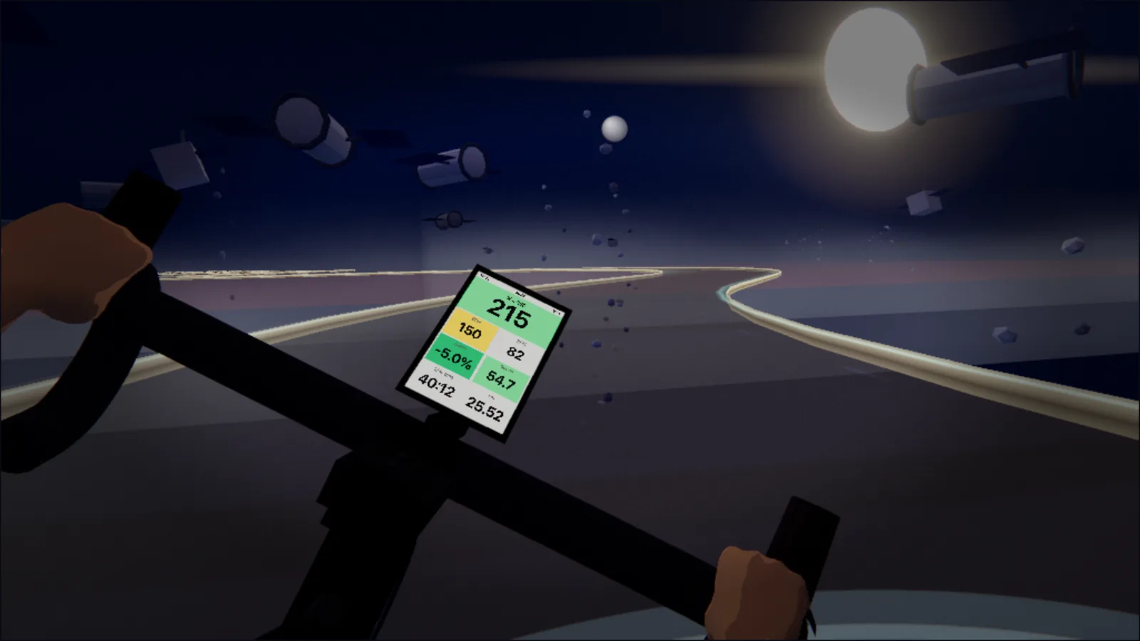 Track in orbit: the bike leans into the bend, satellites and debris drifting past, Earth below.