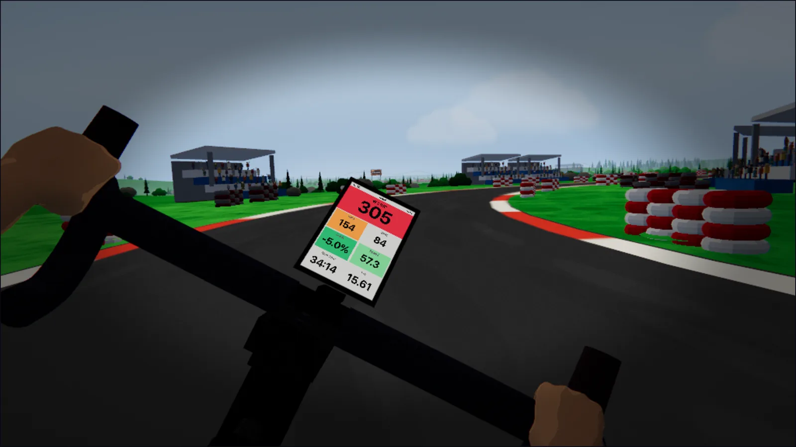 Racetrack by day: the bike leans into the corner, red-and-white kerbs and tyre stacks along the edge, filled grandstands behind.