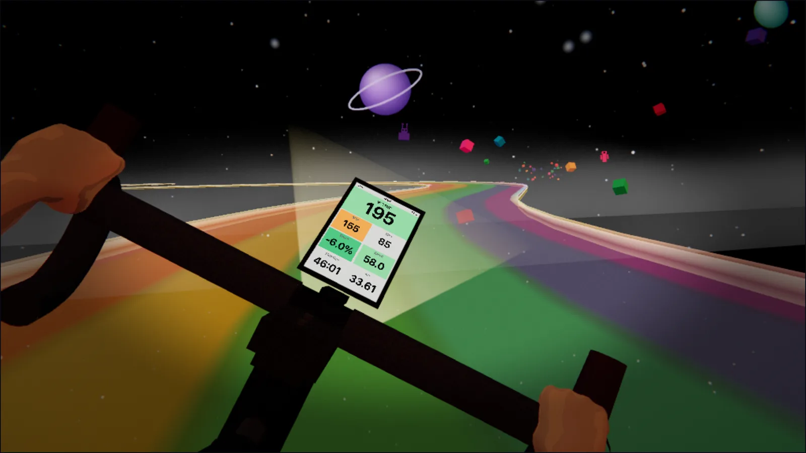 Rainbow road through space: the surface glows in every colour and banks into the corner, a purple ringed planet and coloured cubes drifting in the starfield.