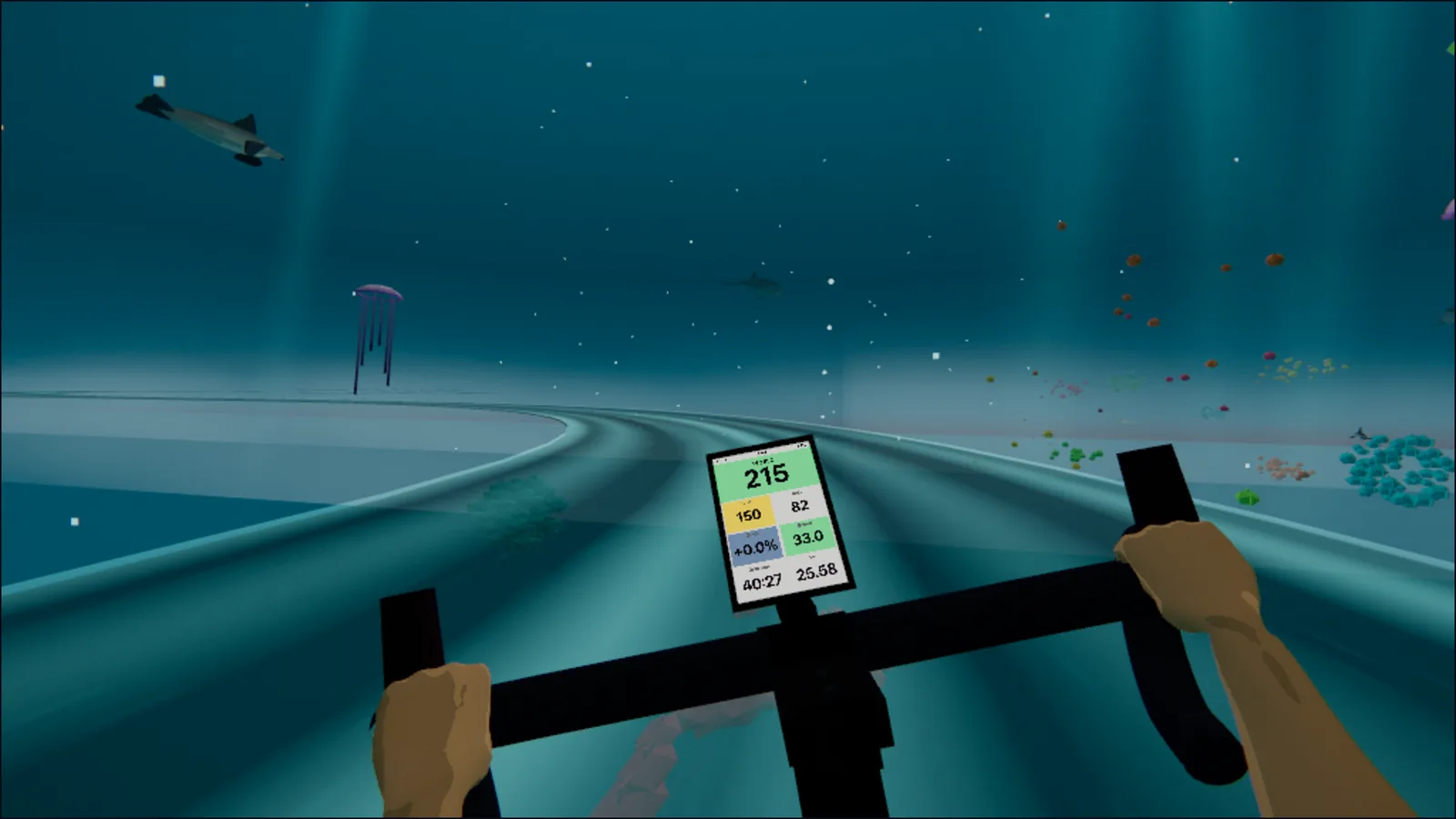 Road through open water: a submarine passes overhead, a jellyfish drifts by the verge, shafts of light falling into the turquoise depth.