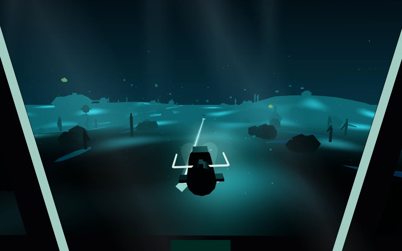 Watt Defense in play: a night-time wasteland in teal and black, shafts of light in the sky, your own vehicle centre frame between rocks and ruins.